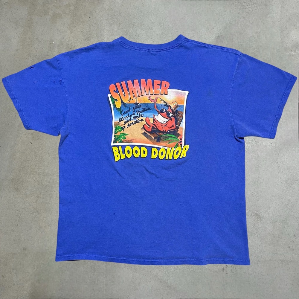 Vintage Surf Beach T-Shirt‎ Mens XL Blue Summer Blood Donor Graphic Tee